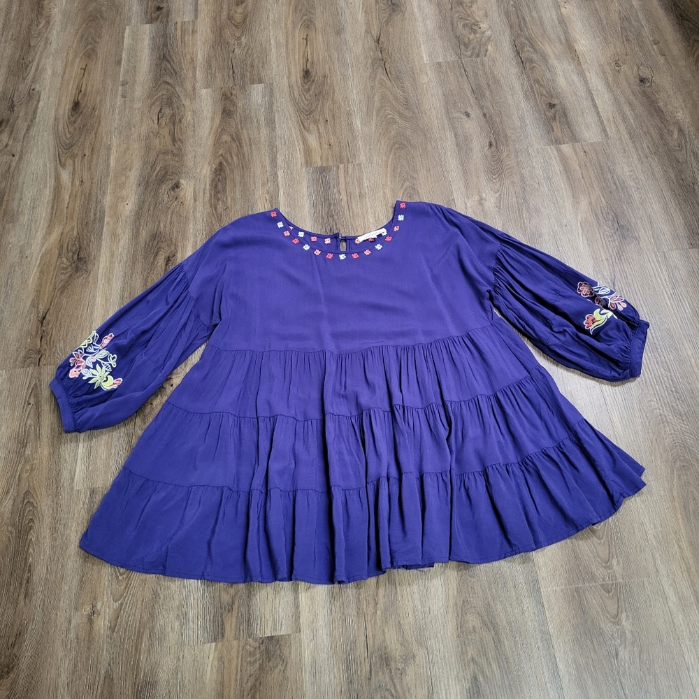 Laffaire Los Angeles Boho Embroidered Blouse Royal Blue Peasant Top Size XL